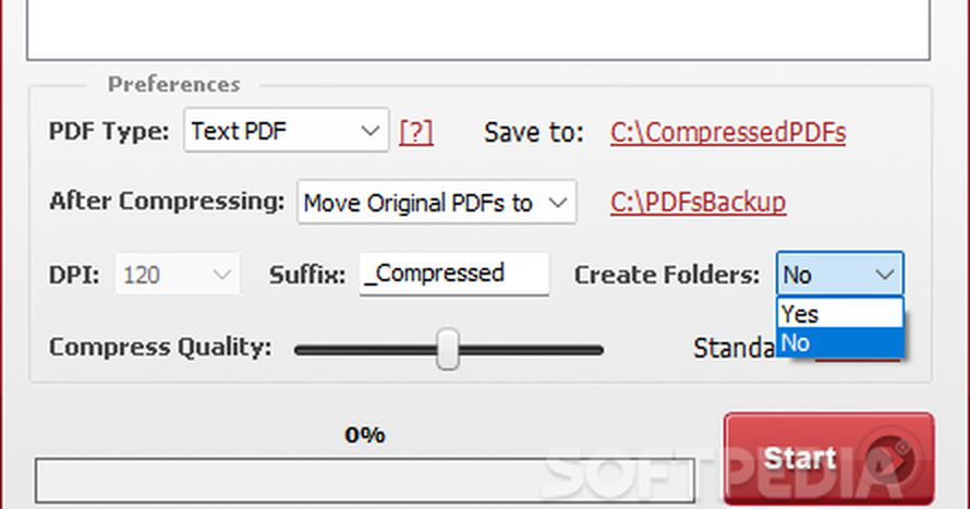 Раскрытый список Create Folders в настройках PDF Compressor Server