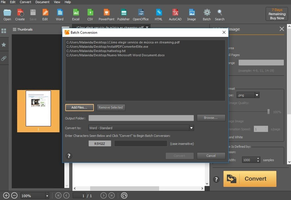 Окно Batch Conversion со списком файлов и выбором выходной папки