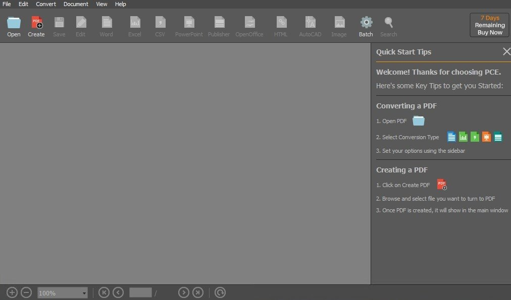 Стартовая рабочая область PDF Converter Elite с панелью Quick Start Tips
