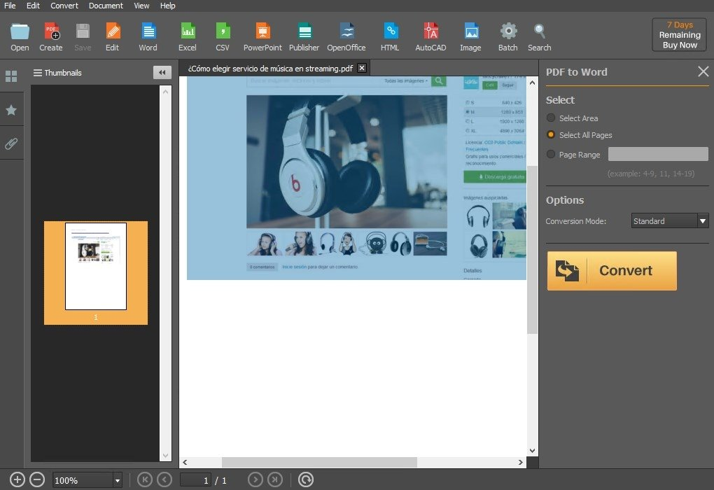 Панель PDF to Word с выделенной областью страницы