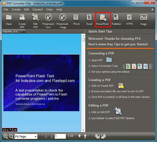 Открытый PDF и панель выбора формата в PDF Converter Elite
