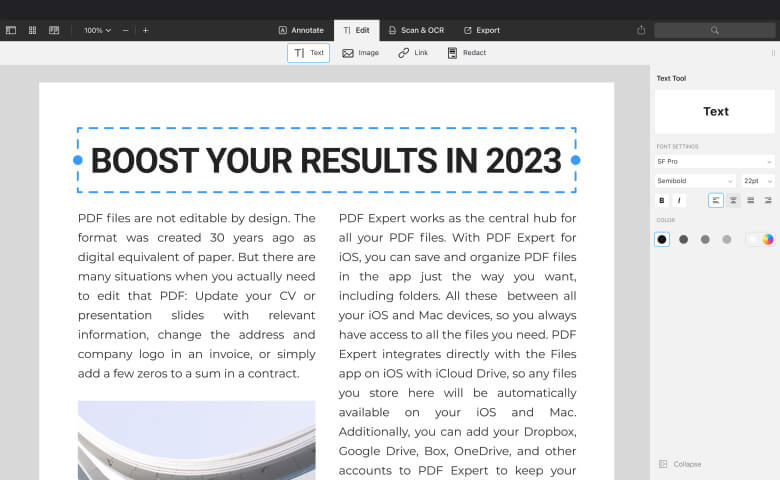 Редактирование существующего текстового блока и его параметров в PDF Expert