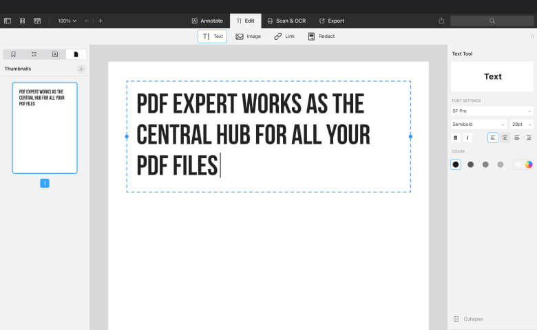 Создание нового документа и ввод текста на пустой странице PDF Expert