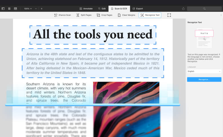 Выбор области и запуск распознавания текста в PDF Expert
