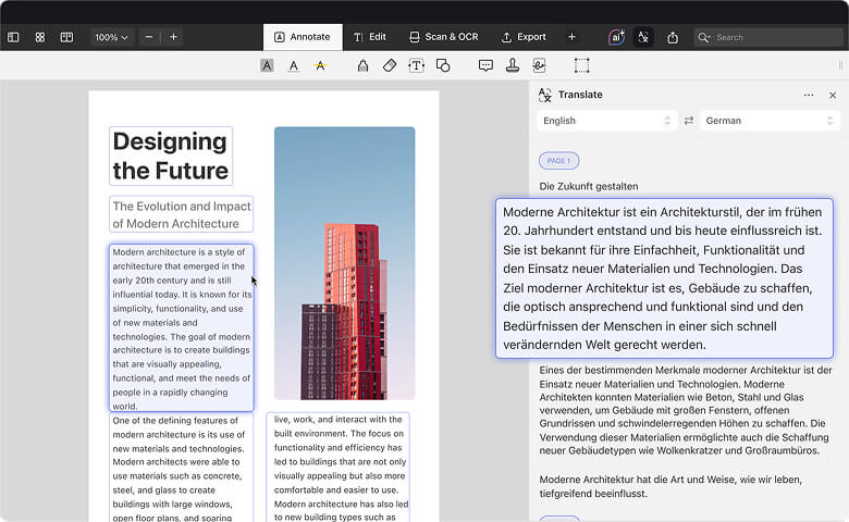 Оригинал и переведённый текст в синхронном представлении PDF Expert