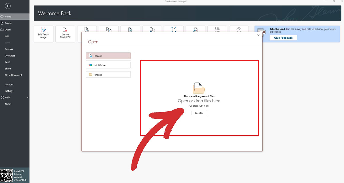 Открытие PDF из недавних файлов, MobiDrive или локальной папки