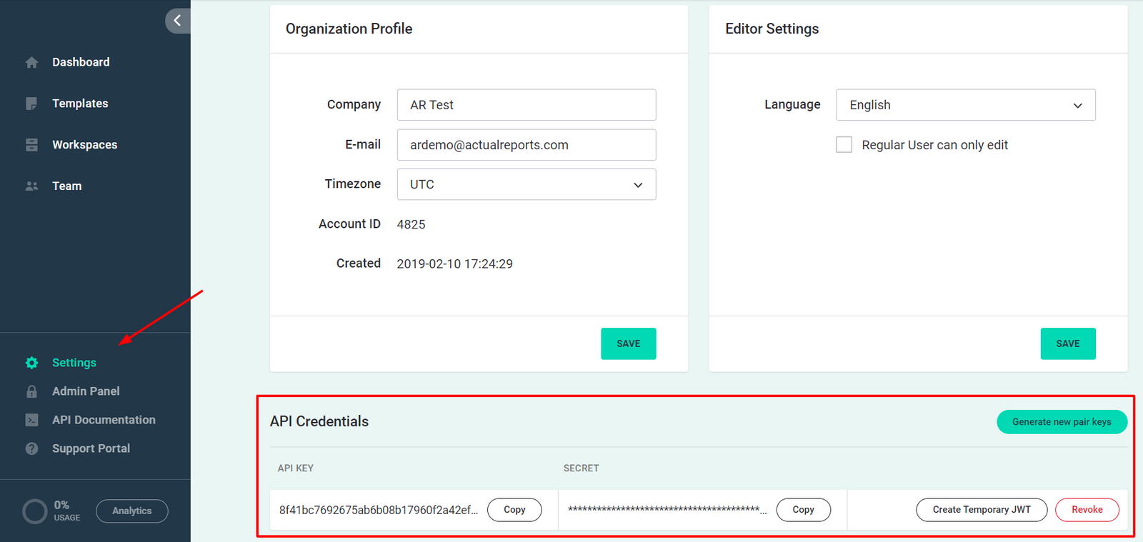 Настройки учётной записи PDF Generator API с API key, secret и созданием JWT