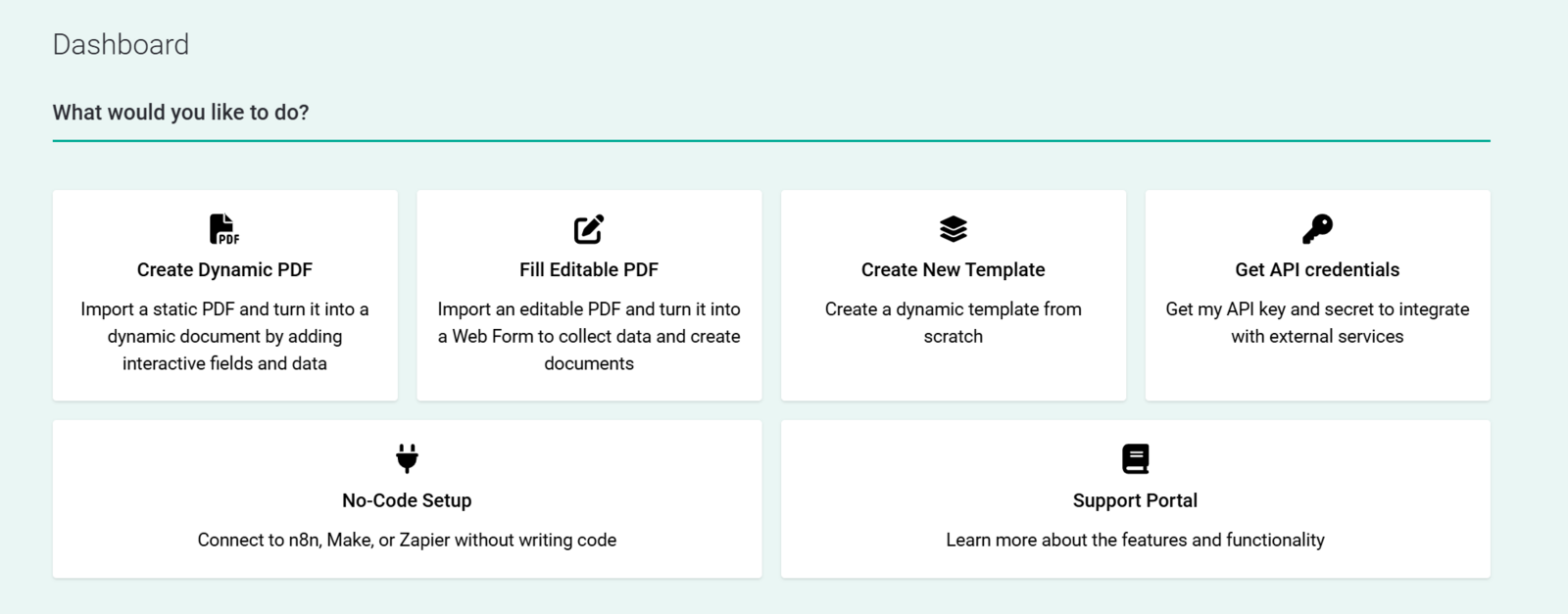 Панель PDF Generator API с командами создания шаблона, заполнения PDF и получения API-ключей