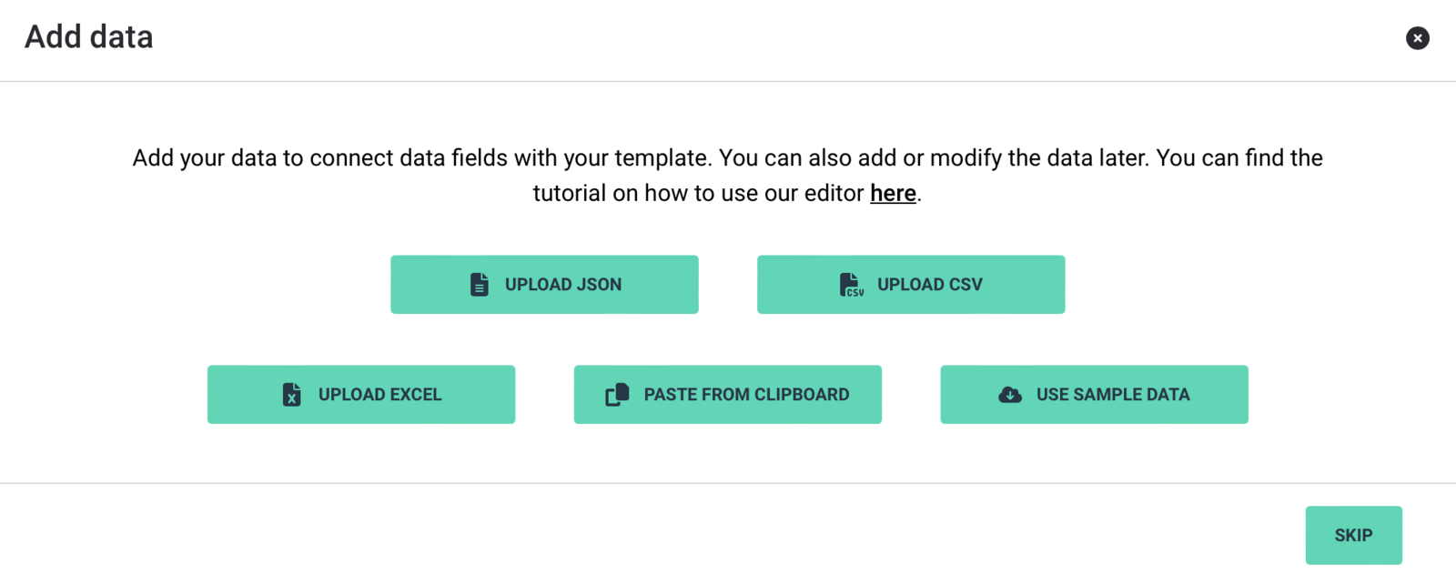 Диалог добавления JSON, CSV, Excel и тестовых данных в PDF Generator API