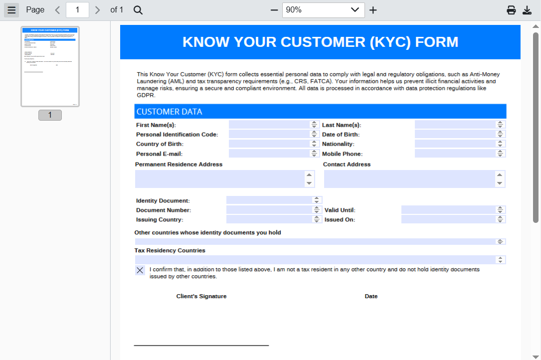 Редактируемая KYC-форма, используемая при импорте в PDF Generator API