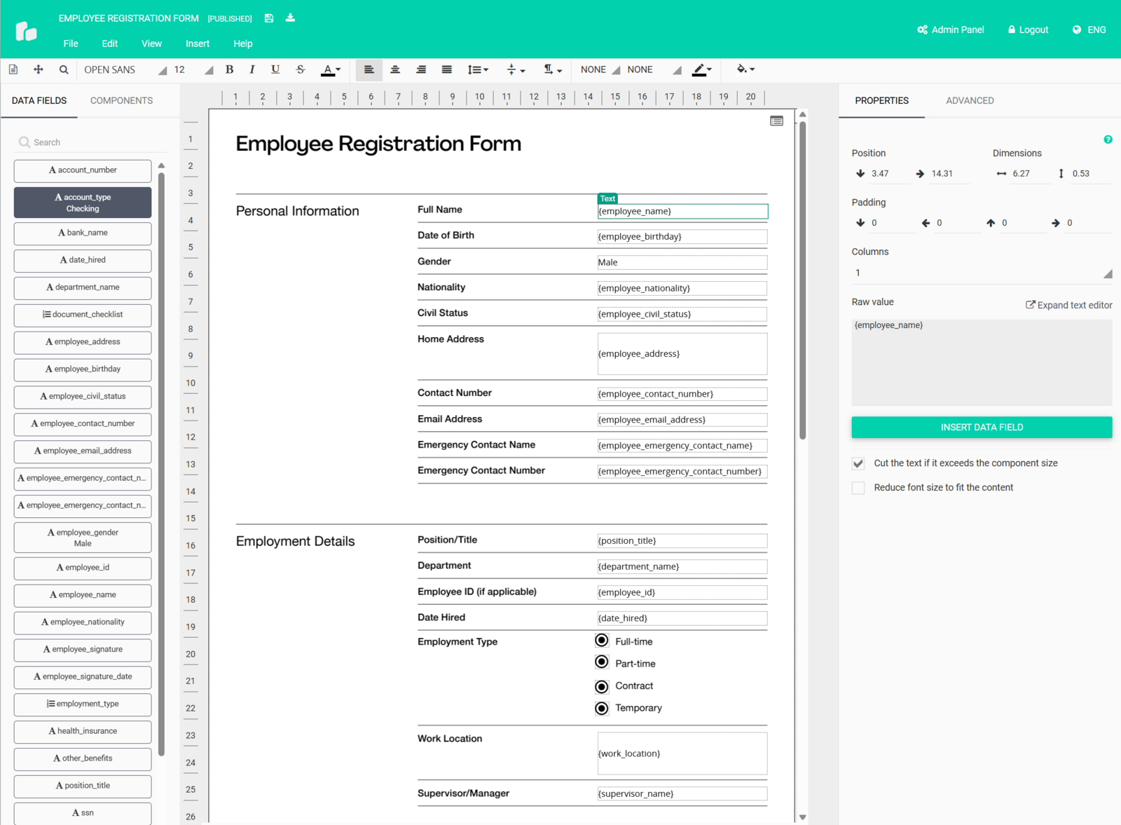 Редактор PDF Generator API с полями данных, макетом формы и панелью свойств