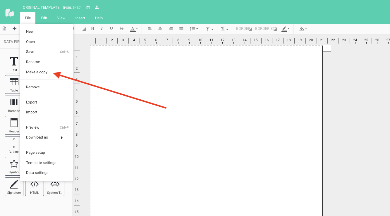 Меню File редактора PDF Generator API с командой Make a copy