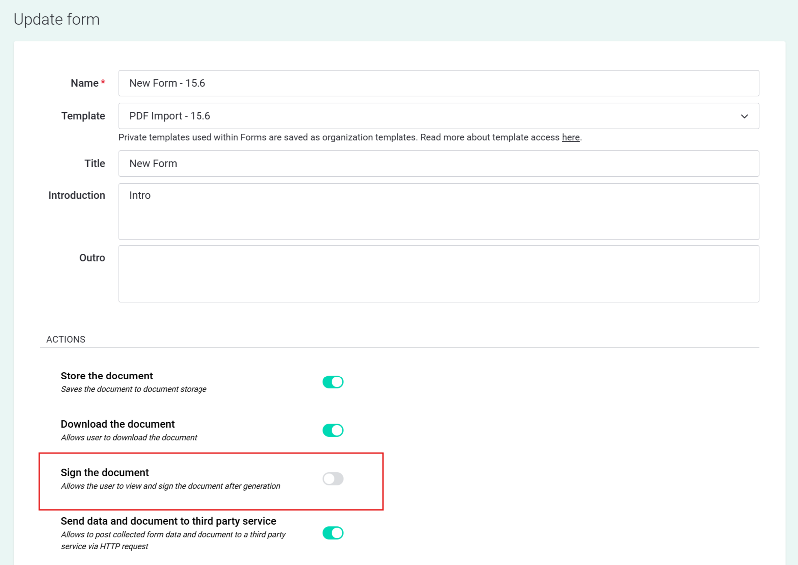 Действия формы PDF Generator API: хранение, загрузка, подписание и передача данных