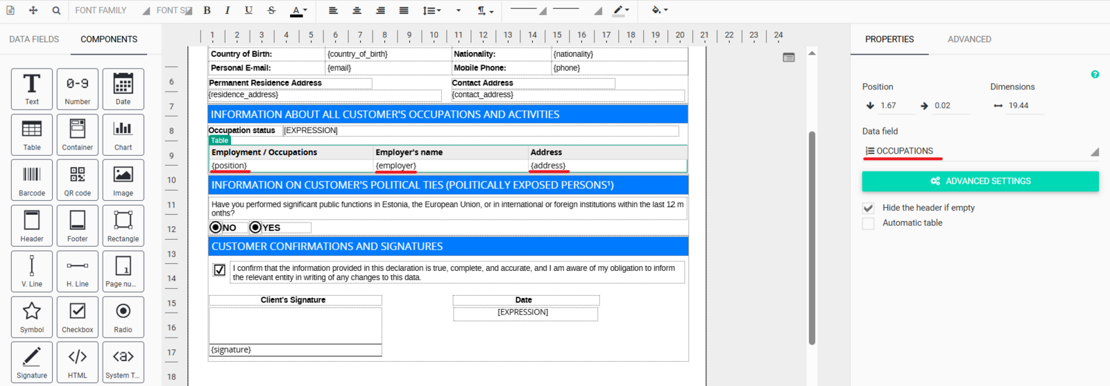 Настройка Table Component с массивом occupations в редакторе PDF Generator API