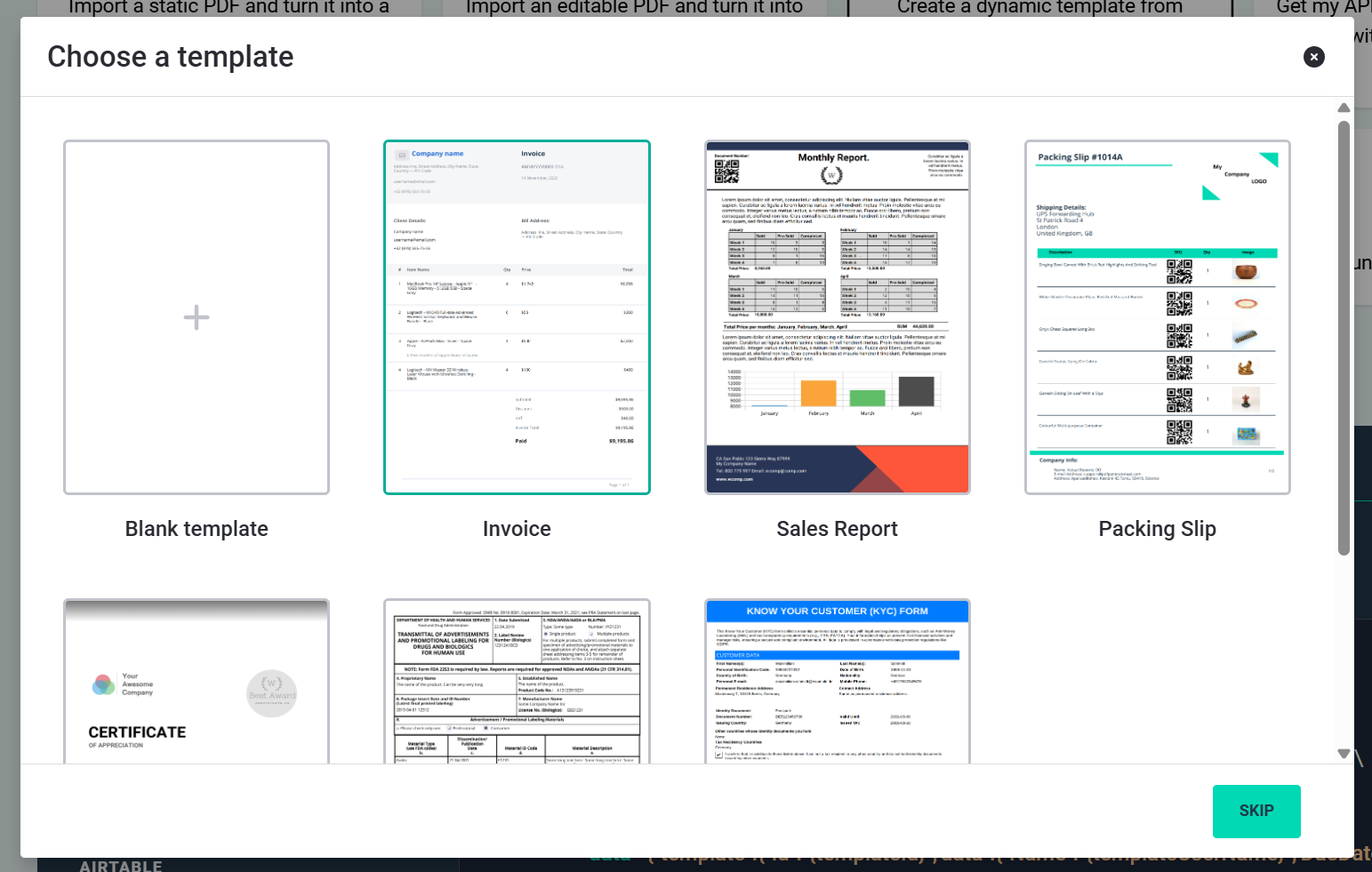 Галерея шаблонов PDF Generator API с вариантами счёта, отчёта, упаковочного листа и формы