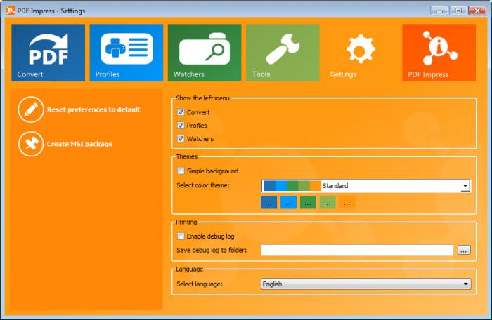 Раздел Settings PDF Impress с выбором темы, языка и журнала отладки