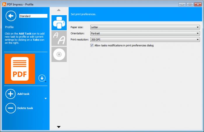 Настройки профиля PDF Impress: формат бумаги, ориентация и разрешение