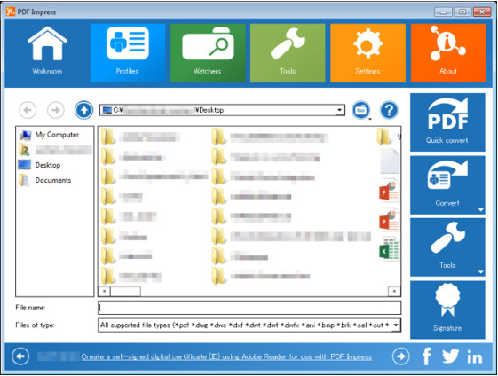 Workroom PDF Impress с файловой областью и командами преобразования