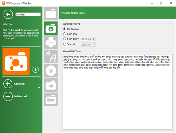 Настройки PDF Impress Watcher с режимами непрерывного и периодического сканирования