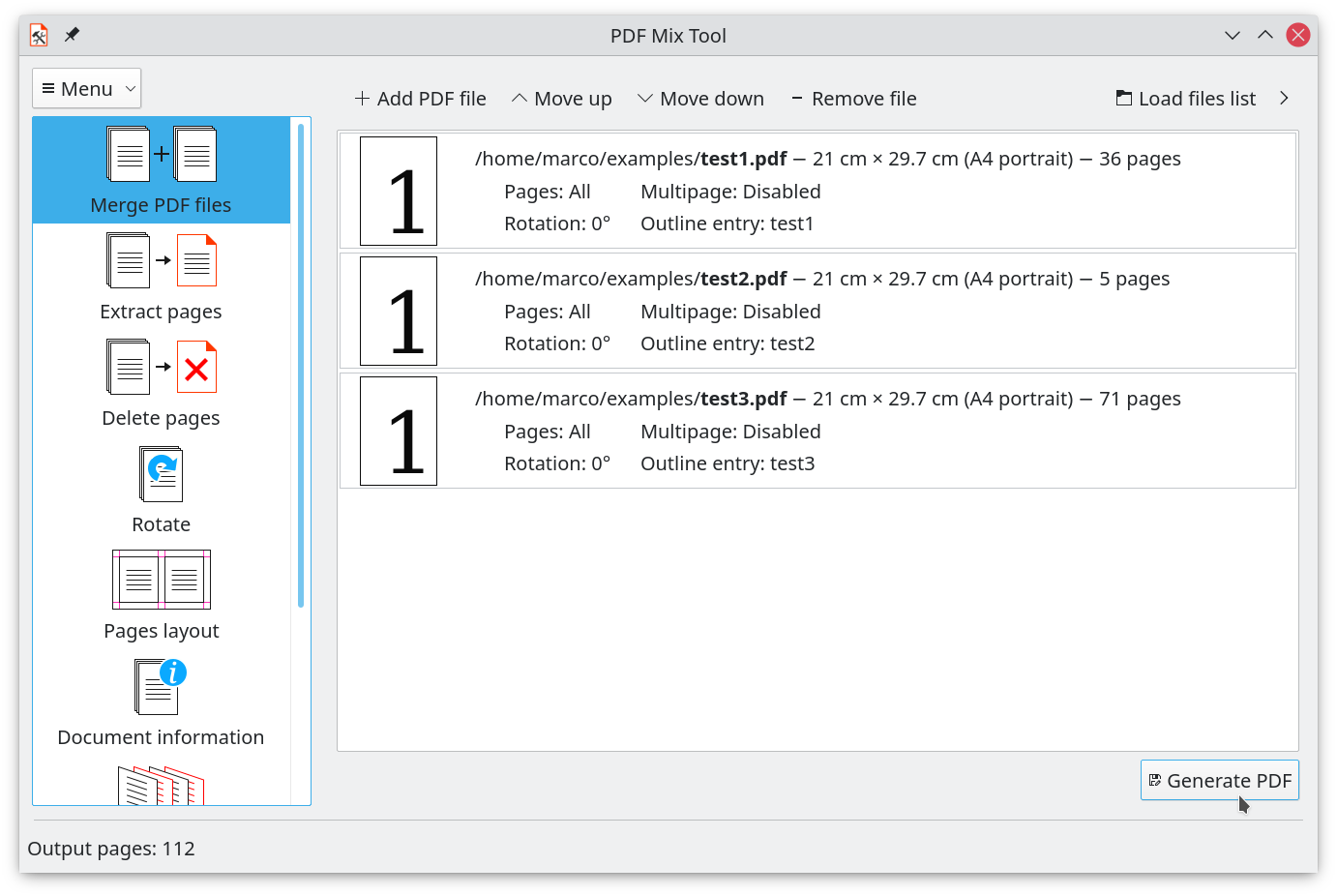 Список файлов и панель объединения в PDF Mix Tool