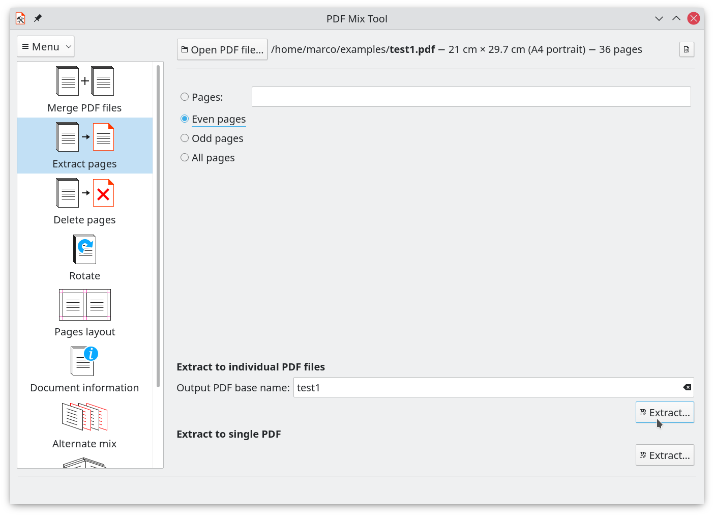 Окно извлечения страниц PDF Mix Tool