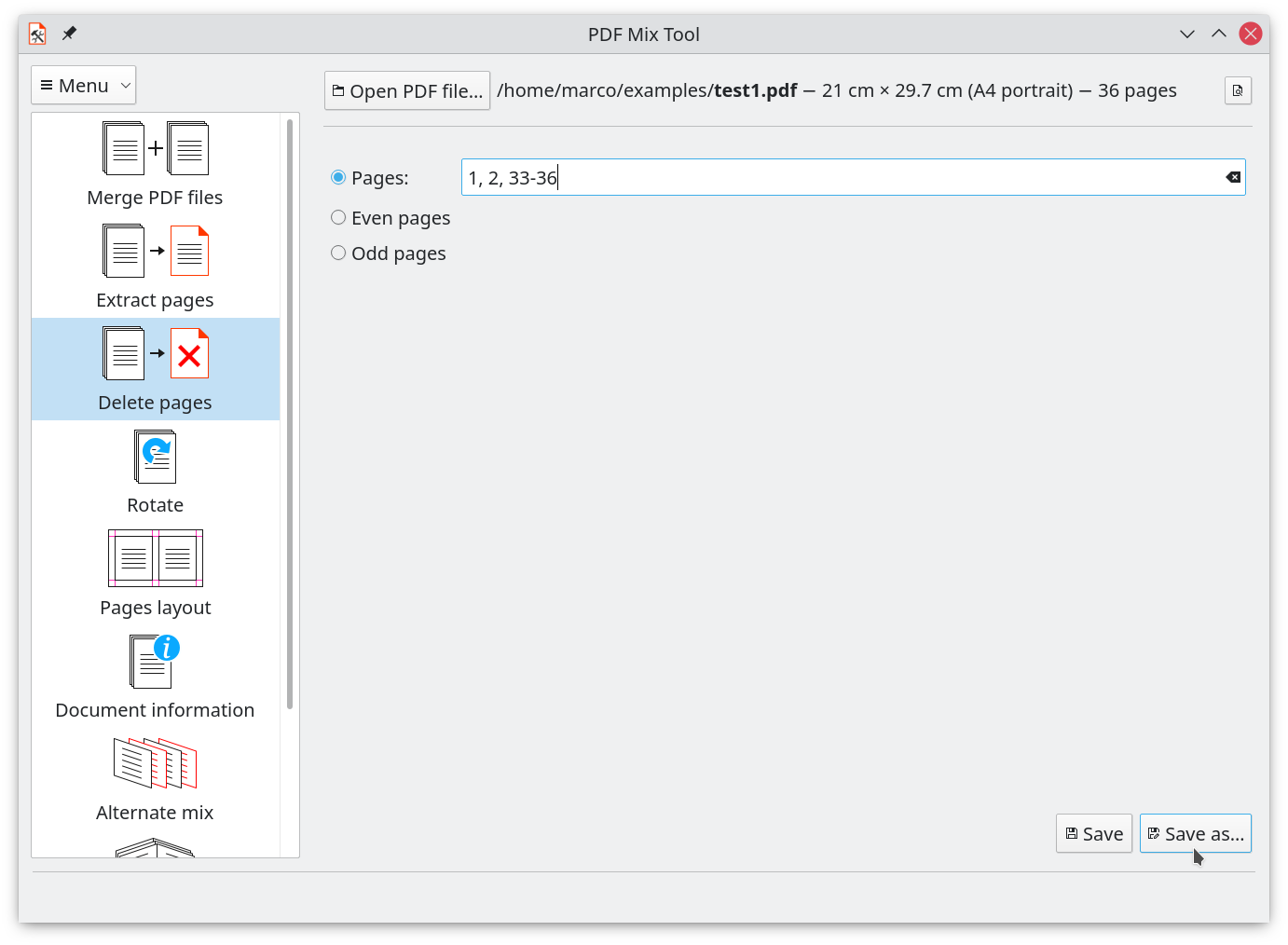 Выбор страниц для удаления в PDF Mix Tool