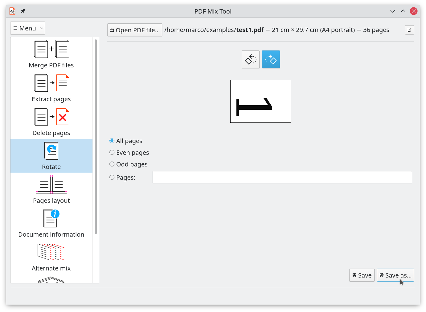 Предпросмотр и настройки поворота страниц PDF Mix Tool