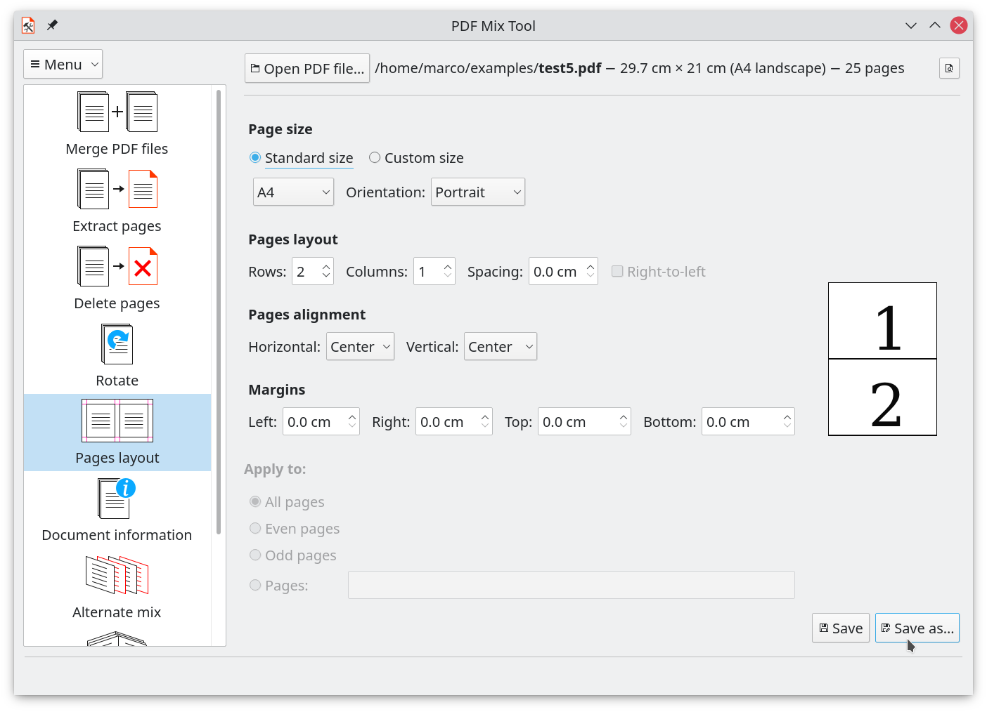 Настройка N-up-компоновки страниц PDF Mix Tool
