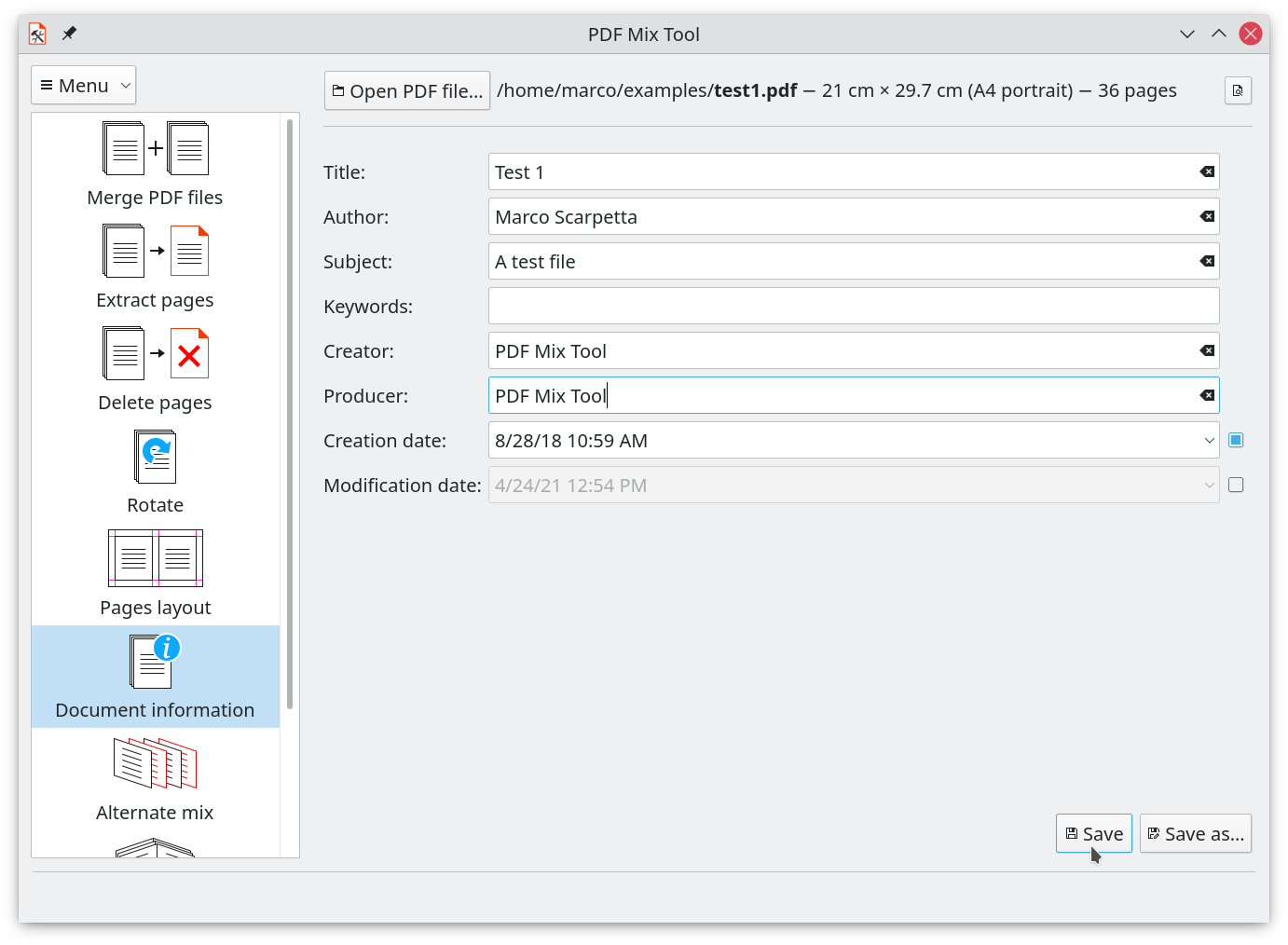 Редактирование метаданных PDF в PDF Mix Tool