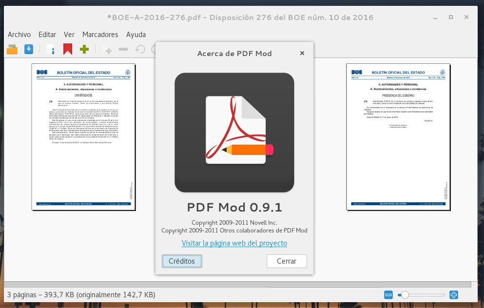 Окно сведений PDF Mod поверх сетки страниц