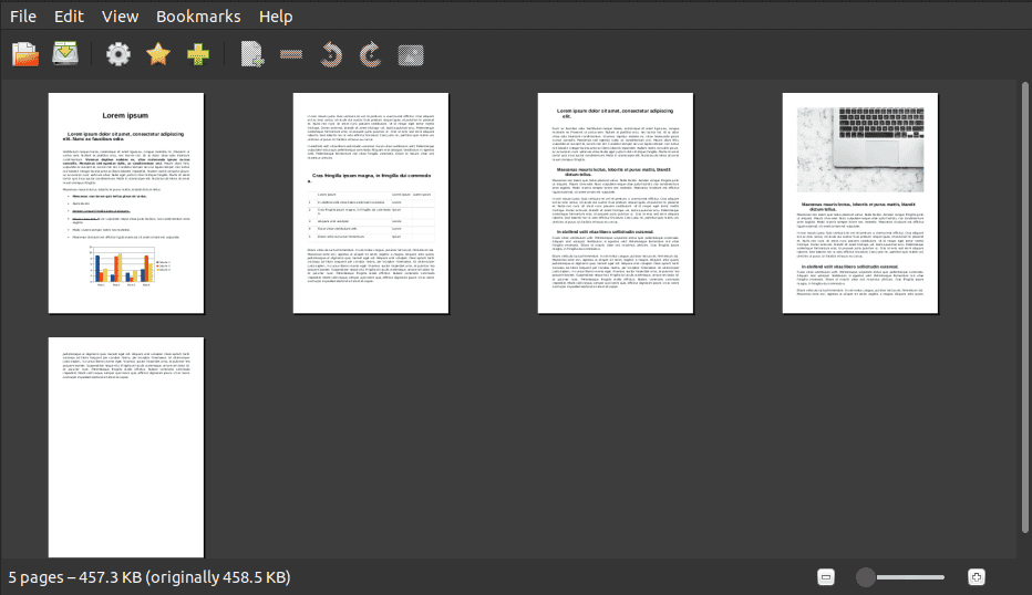 Открытый PDF с пятью миниатюрами в PDF Mod