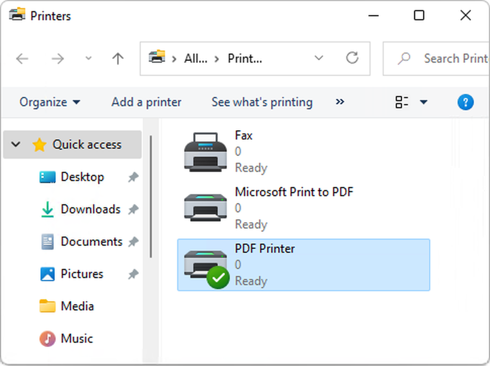 PDF Printer в списке принтеров Windows