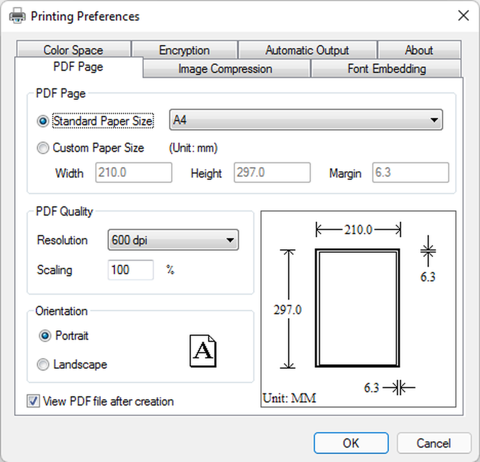 Настройки PDF Page в PDF Printer for Windows 11