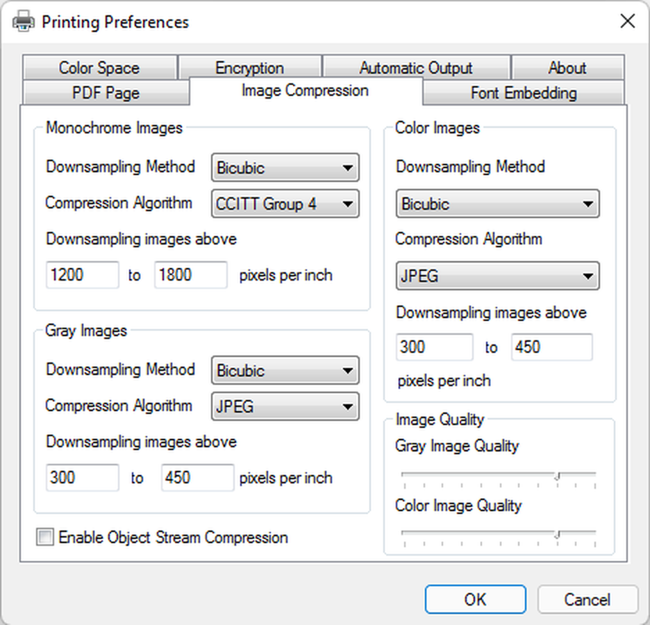 Настройки Image Compression в PDF Printer for Windows 11