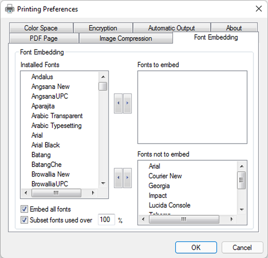 Настройки Font Embedding в PDF Printer for Windows 11