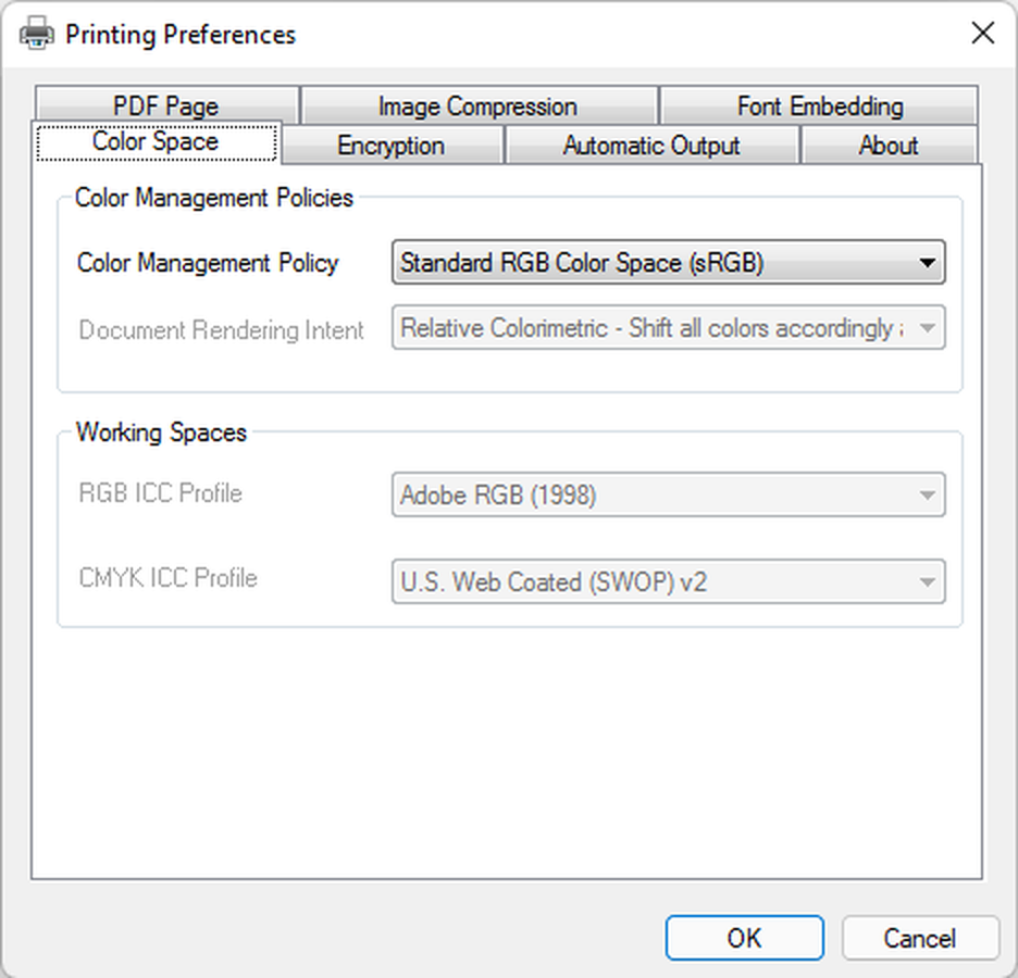 Настройки Color Space и ICC в PDF Printer for Windows 11