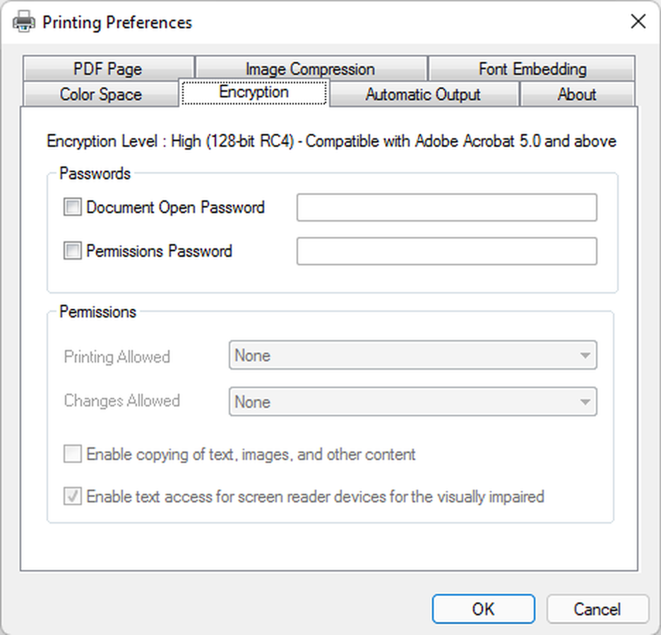 Настройки Encryption в PDF Printer for Windows 11