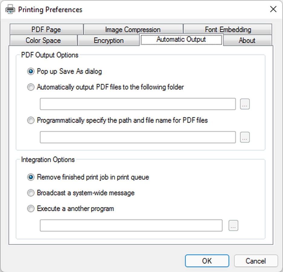 Настройки Automatic Output в PDF Printer for Windows 11