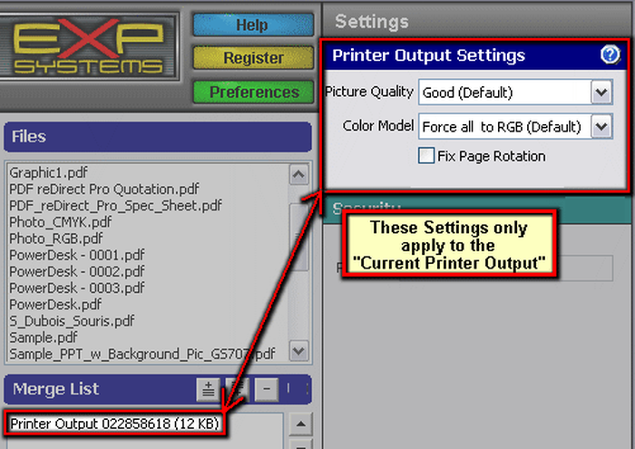 Панель Printer Output Settings для текущего печатного задания PDF ReDirect