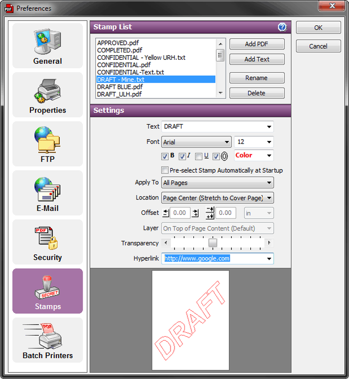Настройка штампов в PDF ReDirect Professional