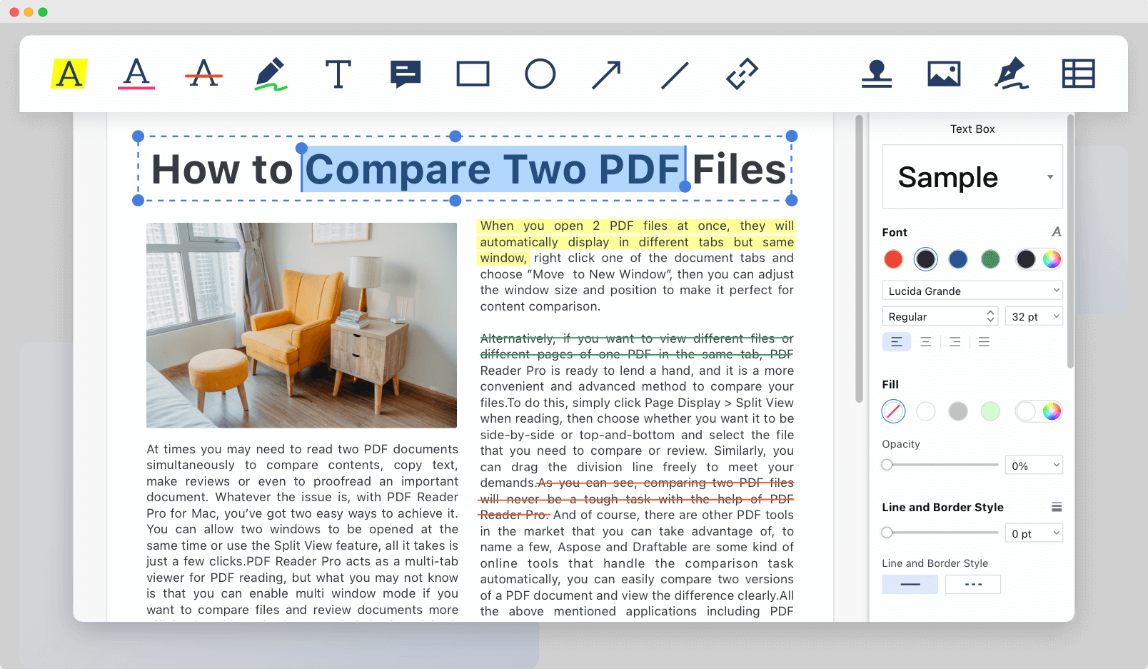 Выделенный текстовый блок и параметры редактирования PDF Reader Pro