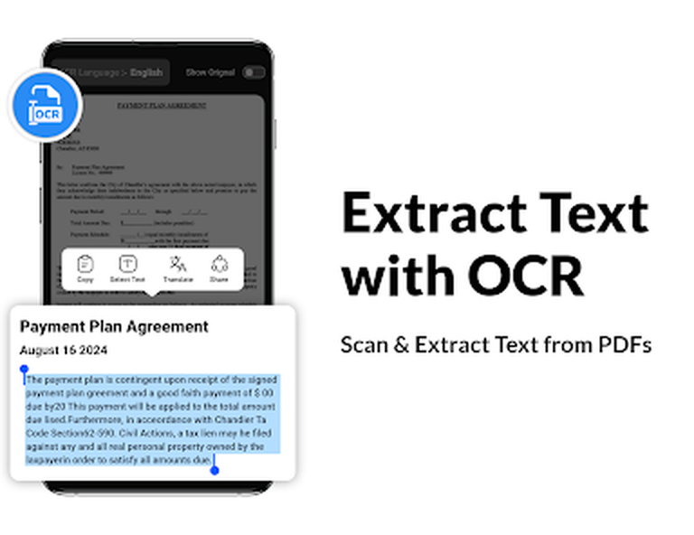 Экран OCR с выбором языка и командами работы с текстом