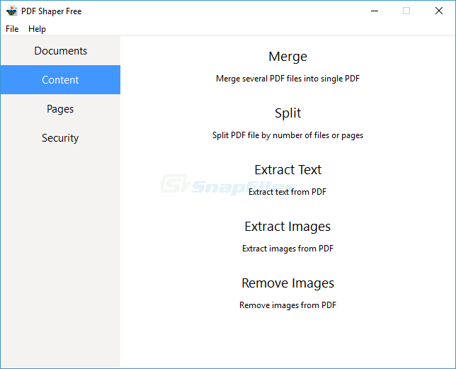 Раздел Content в PDF Shaper Free с командами конвертации и извлечения