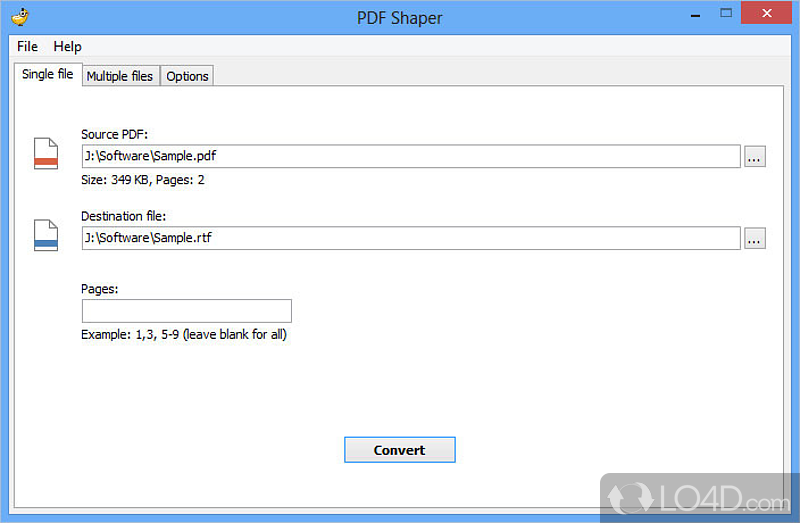 Исторический интерфейс PDF Shaper: обработка одного файла