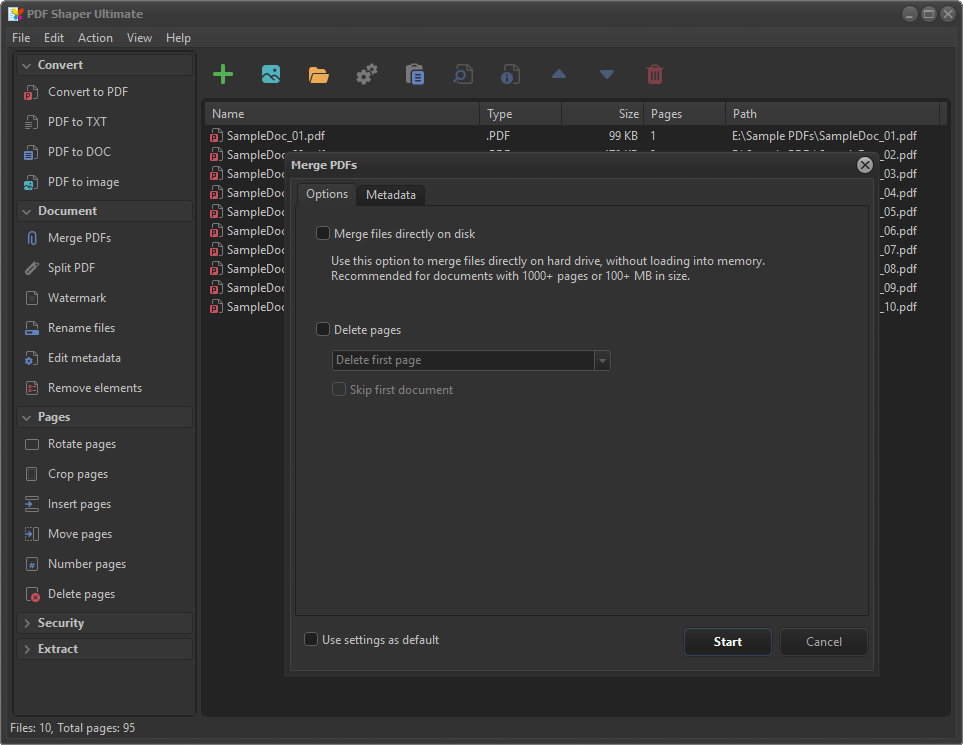PDF Shaper Ultimate: окно объединения файлов в тёмной теме