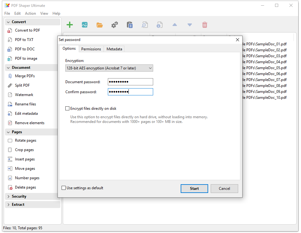 Диалог установки пароля PDF Shaper Ultimate