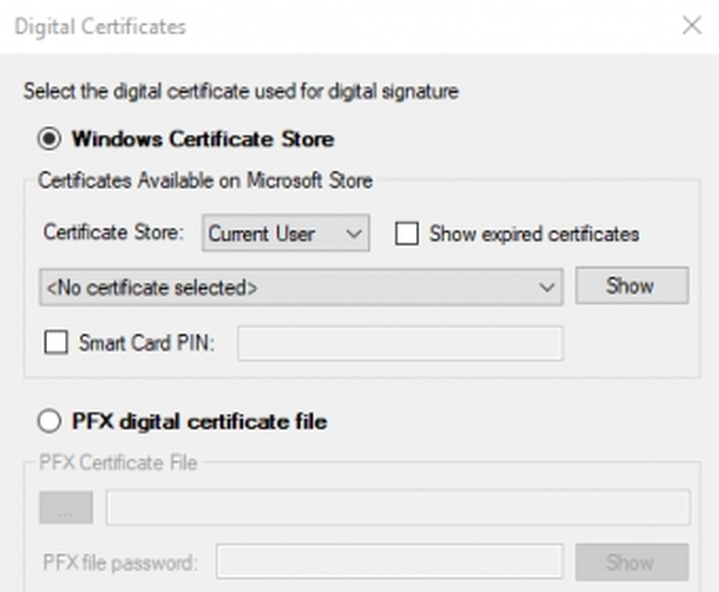 Окно выбора сертификата из Windows Certificate Store или PFX