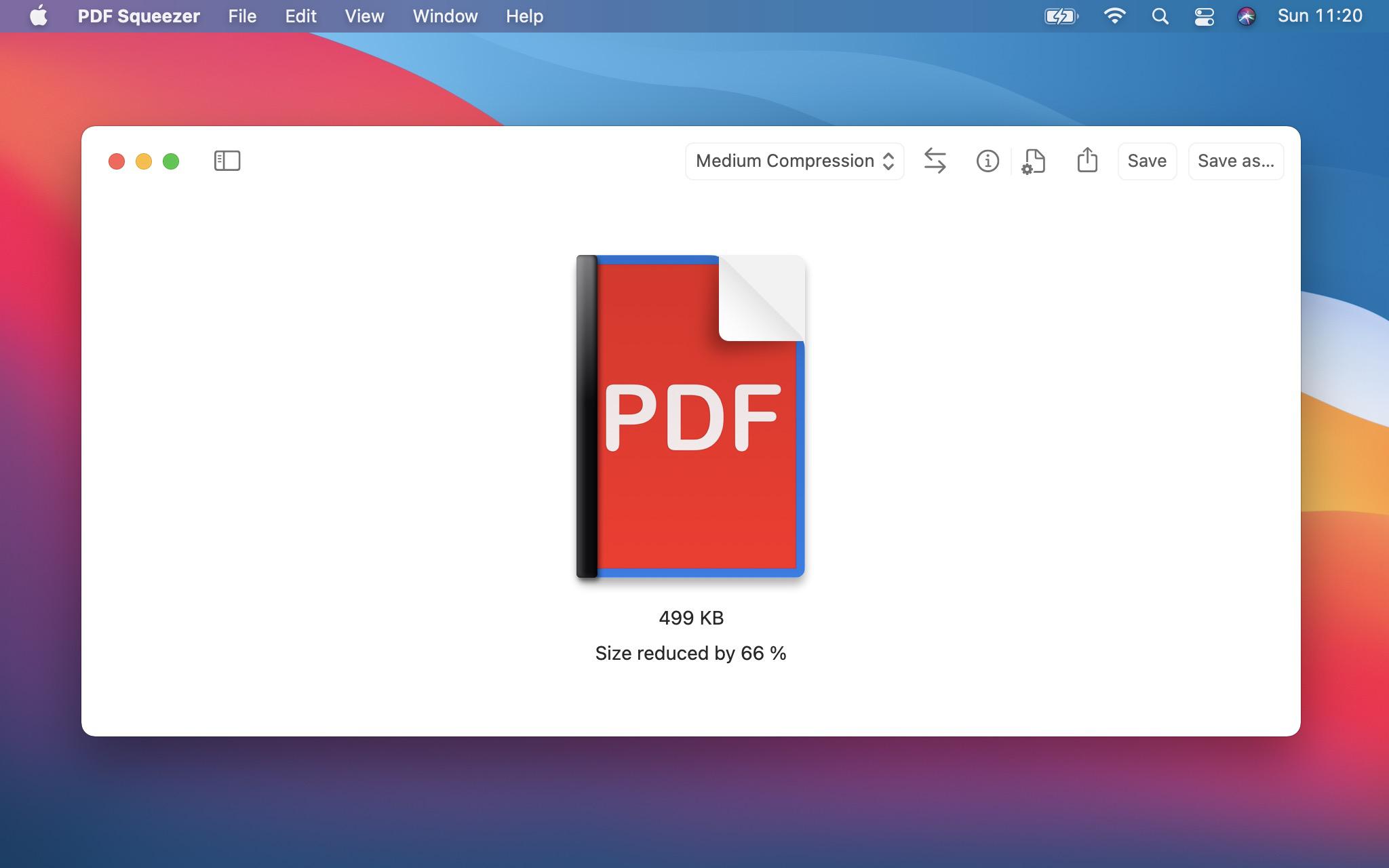 Главное окно PDF Squeezer после уменьшения размера PDF
