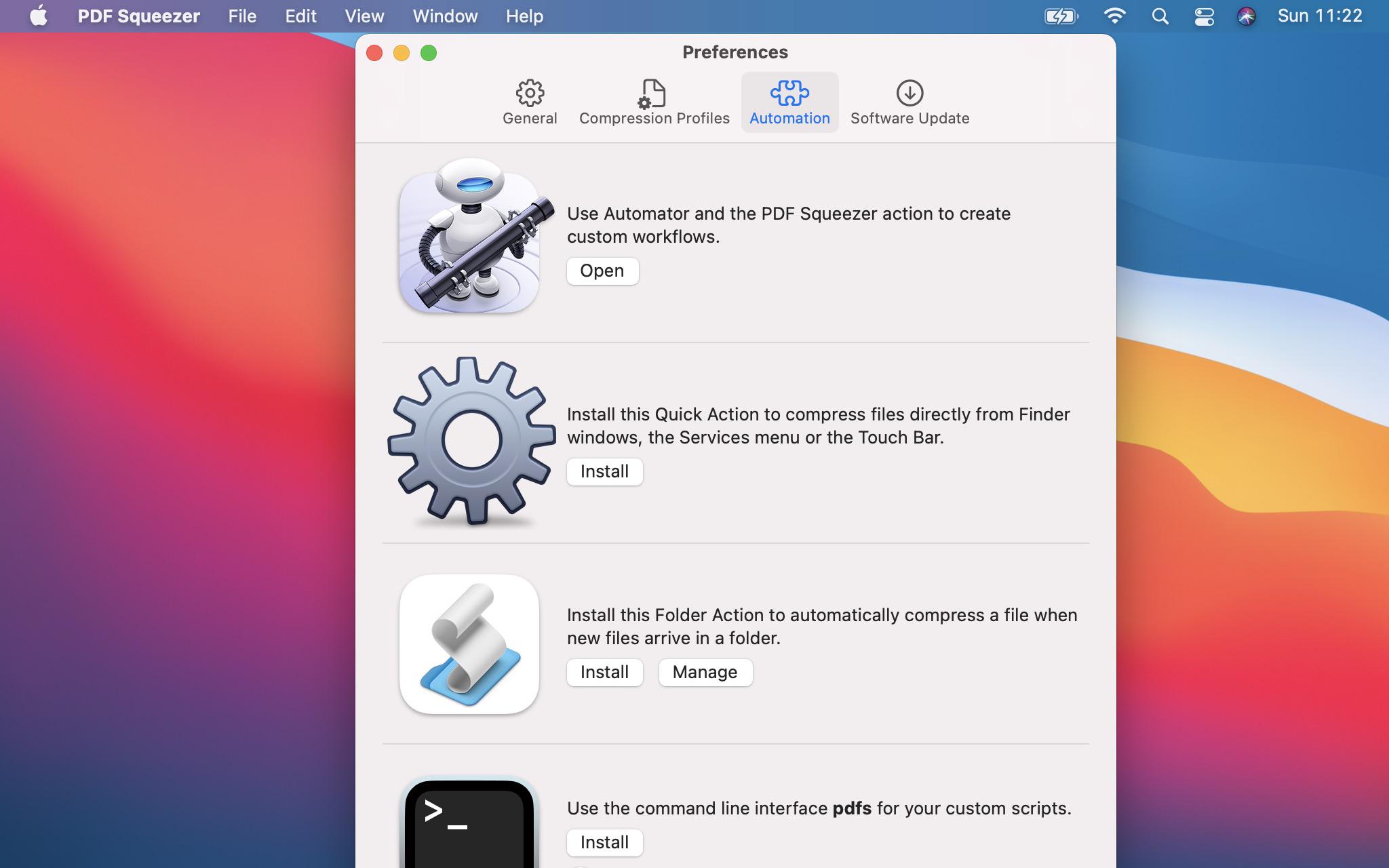 Раздел установки Automator, Quick Action, Folder Action и командного инструмента