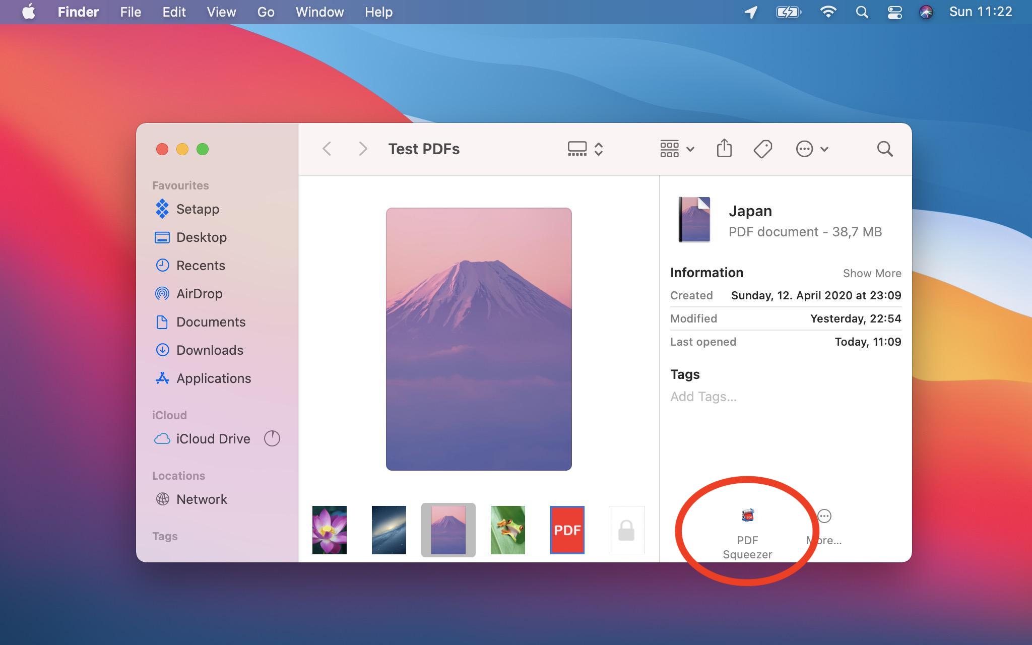 Быстрое действие PDF Squeezer на панели Finder